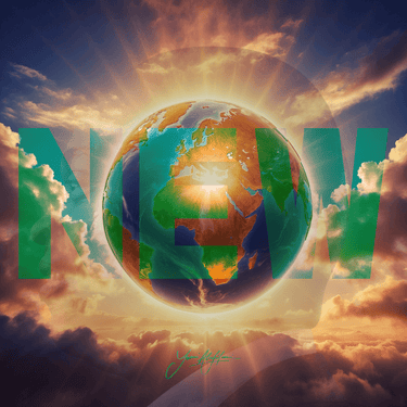Digital cover art for 'New' by Yemi Alafifuni, featuring a glowing Earth with radiant light and clouds, symbolizing Revelation 21 Christian renewal.
