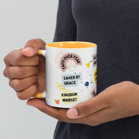Close-up of faith-based quotes on the Faith-Filled Mug, including 'Saved by grace' and 'Kingdom mindset'
