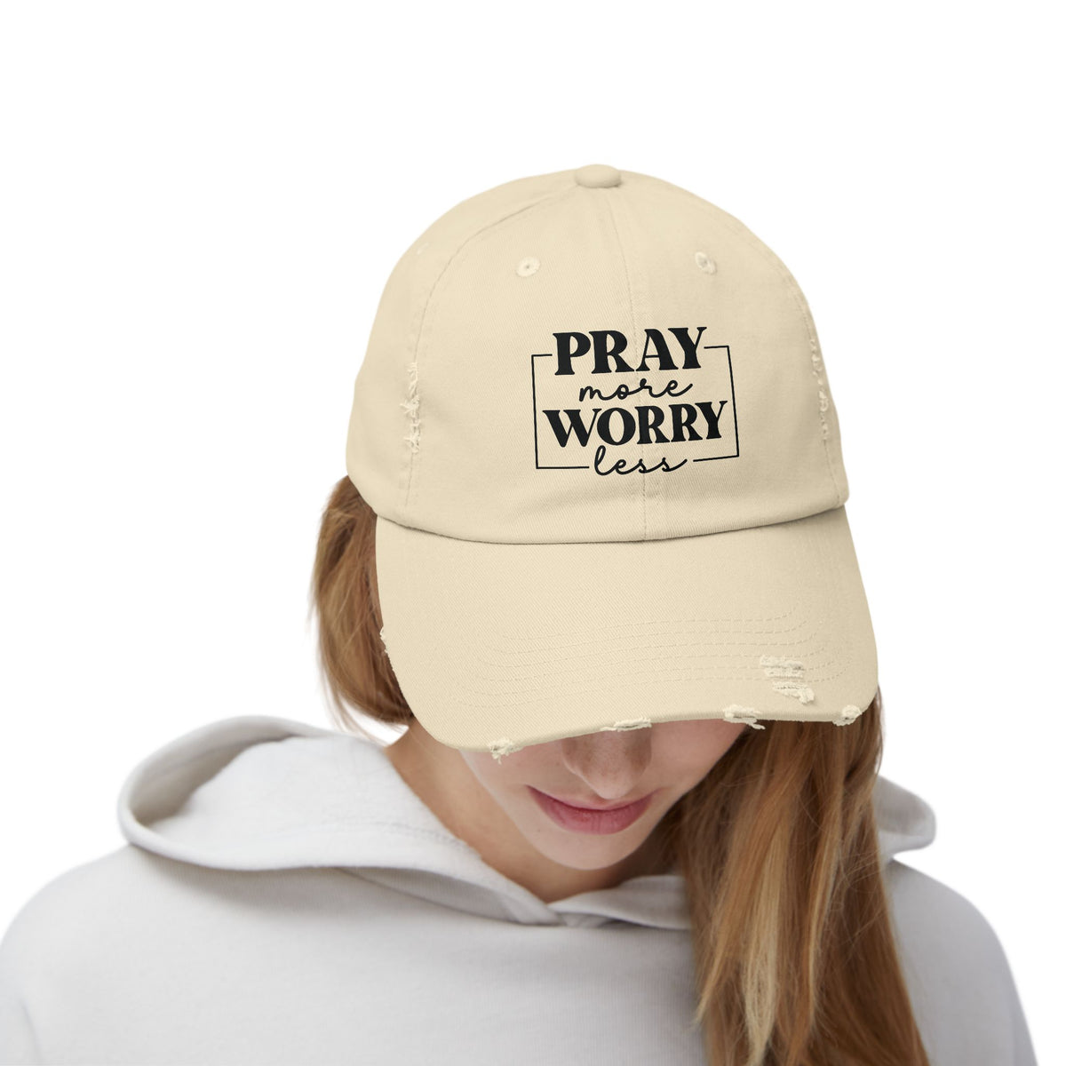 Pray More Worry Less Unisex Distressed Cap | Christian Accessories