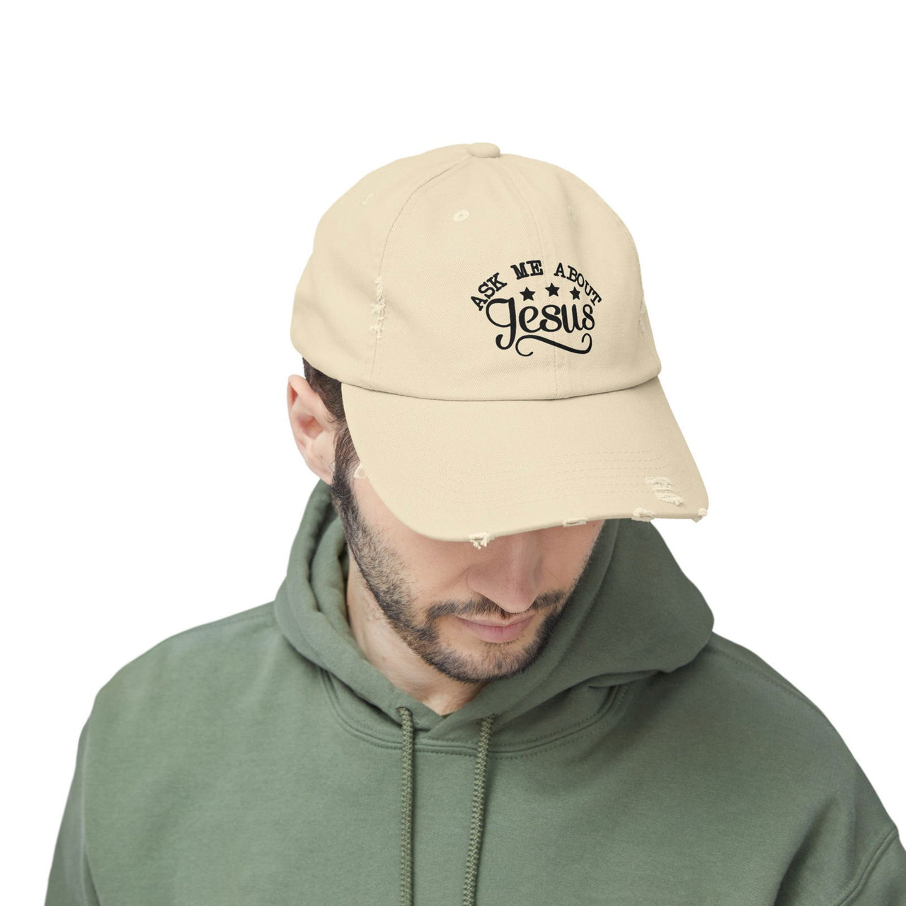 Ask Me About Jesus Unisex Distressed Cap | Christian Apparel - Wear Your Heart