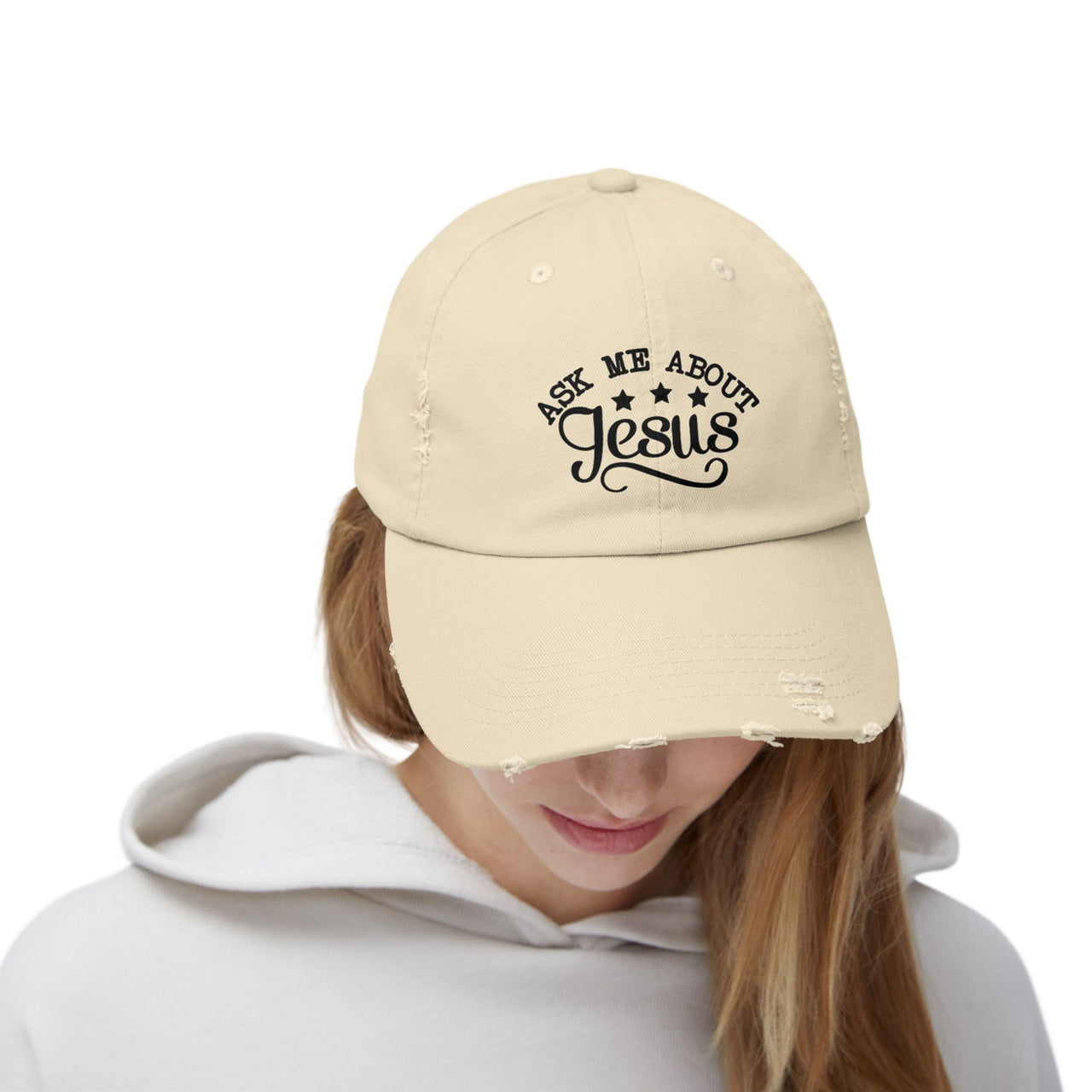 Ask Me About Jesus Unisex Distressed Cap | Christian Apparel - Wear Your Heart