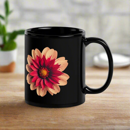 Be Brave and Trust God Black Glossy Mug - Front view with flower design and faith-based message