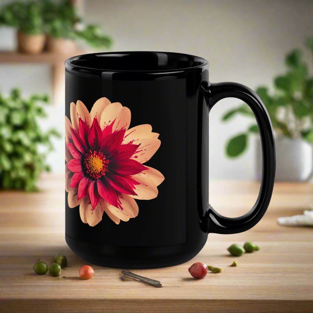 Be Brave and Trust God Black Glossy Mug - Front view with flower design and faith-based message