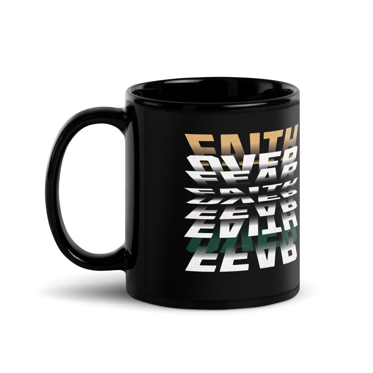 Black mug with multicoloured text design on a black background