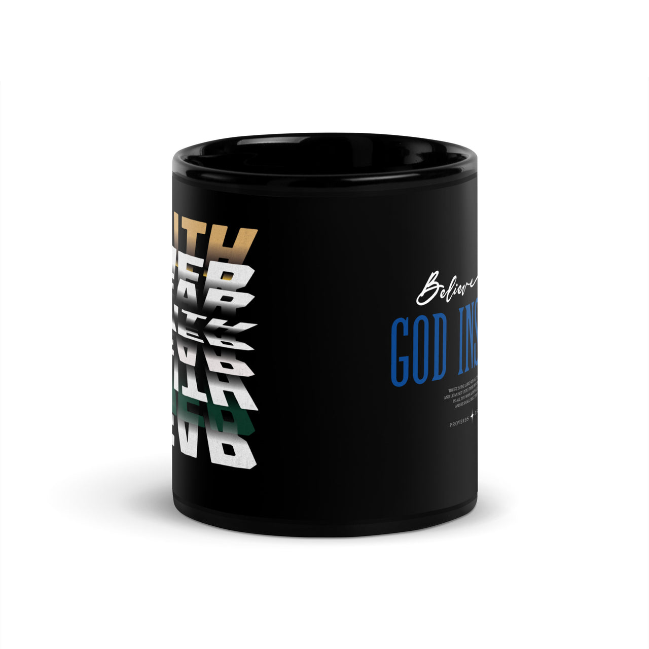 Black mug with text design on a black background