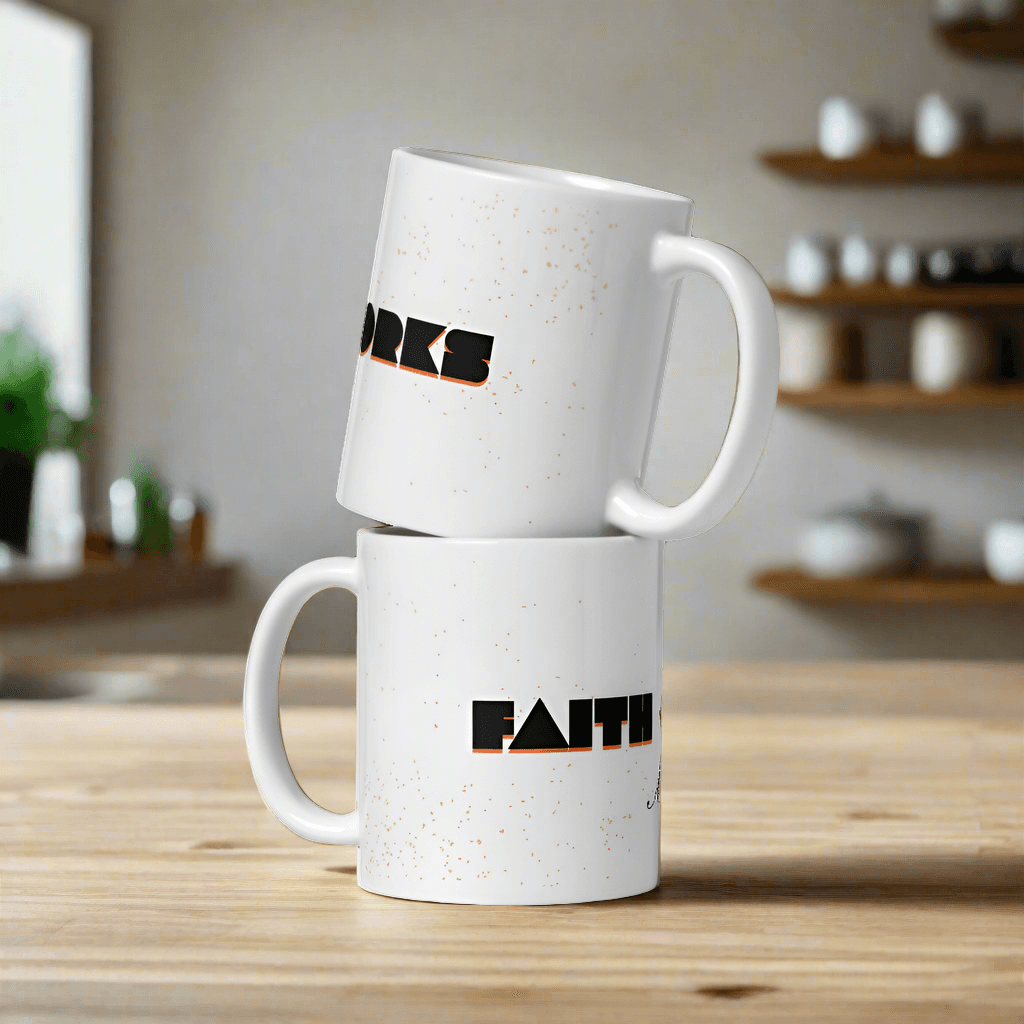 Faith + Works White Glossy Mug – Inspirational Christian Drinkware - Wear Your Heart