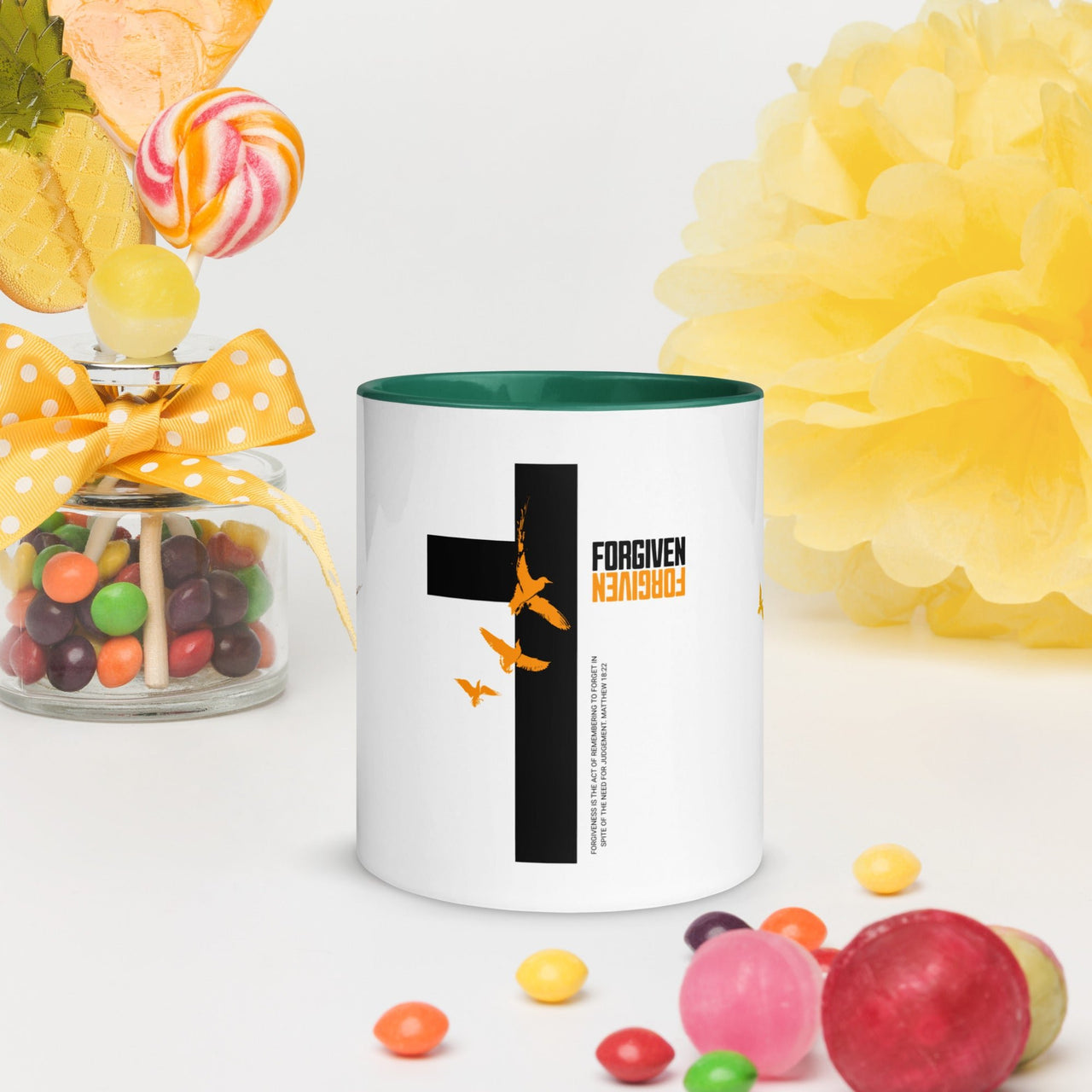 FORGIVEN - Christian White Ceramic Mug with Colour Inside, Cross & Doves | Wyheart Faith Collection - Wear Your Heart