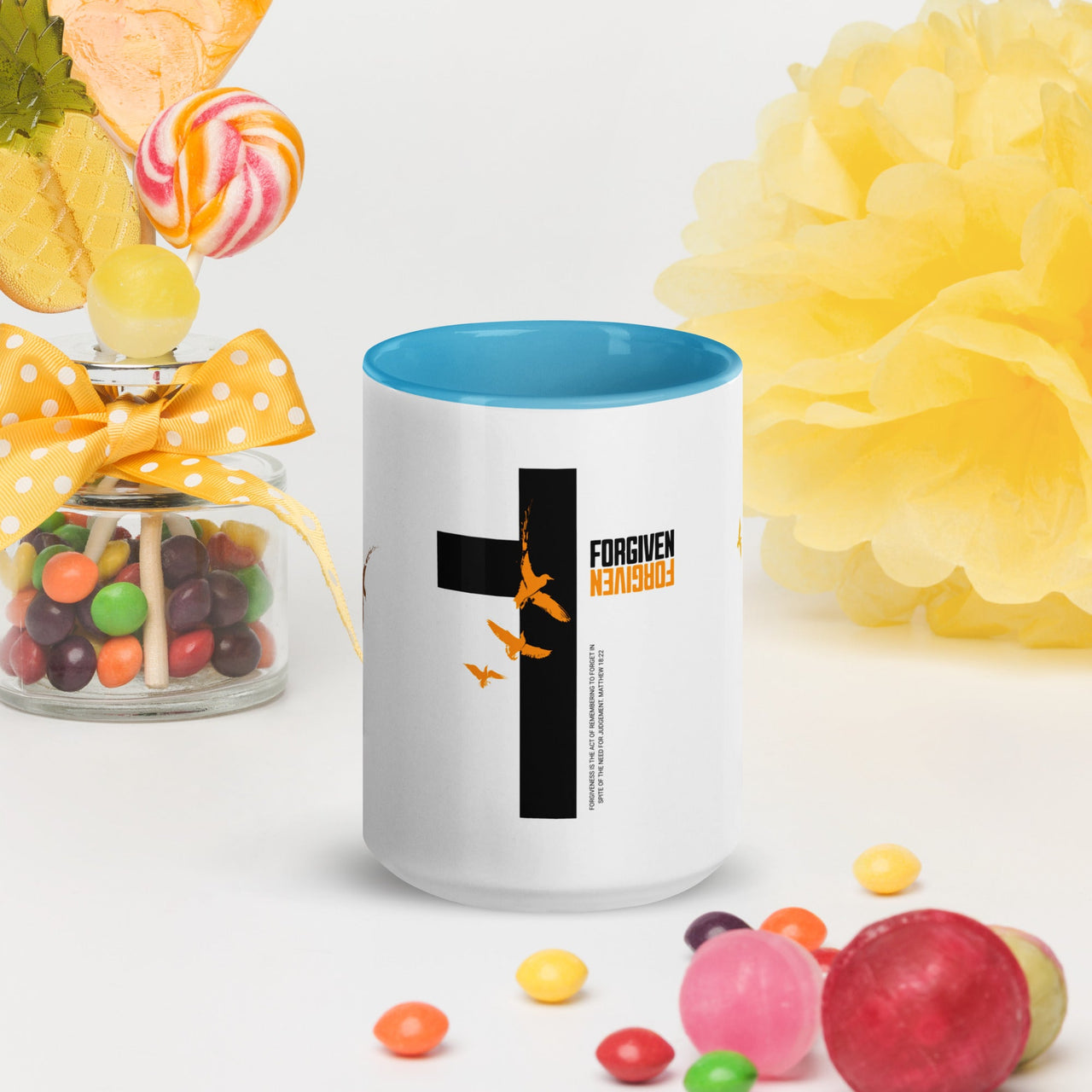 FORGIVEN - Christian White Ceramic Mug with Colour Inside, Cross & Doves | Wyheart Faith Collection - Wear Your Heart