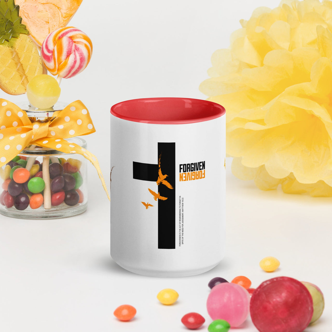 FORGIVEN - Christian White Ceramic Mug with Colour Inside, Cross & Doves | Wyheart Faith Collection - Wear Your Heart