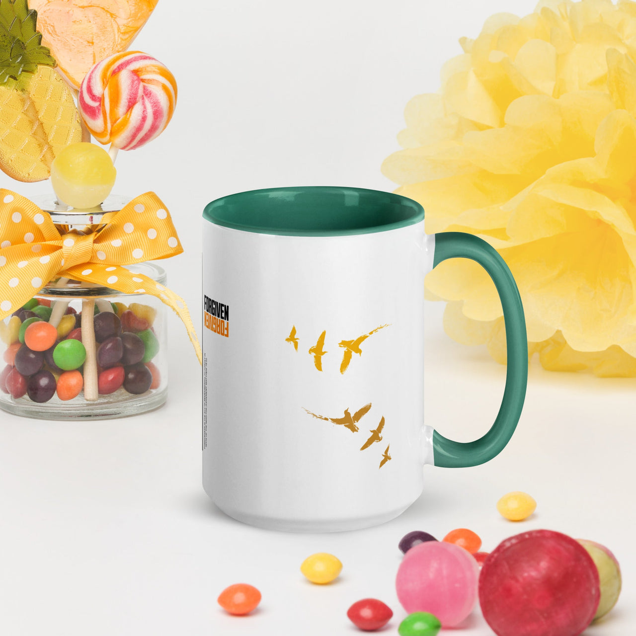 FORGIVEN - Christian White Ceramic Mug with Colour Inside, Cross & Doves | Wyheart Faith Collection - Wear Your Heart