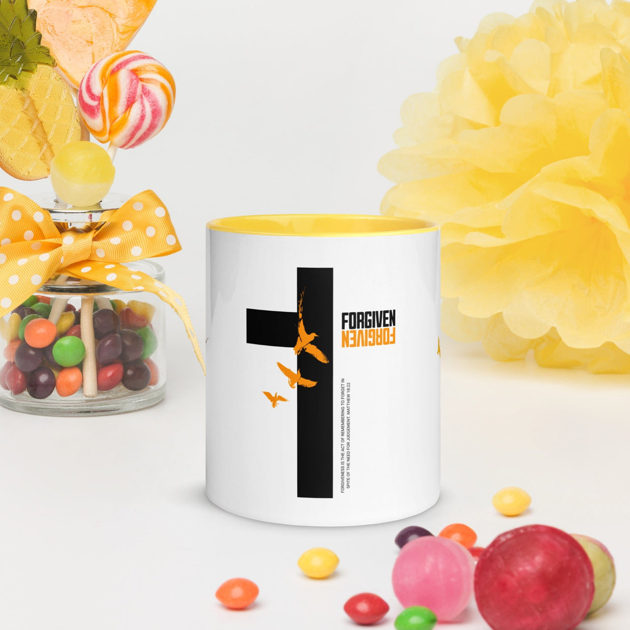 FORGIVEN - Christian White Ceramic Mug with Colour Inside, Cross & Doves | Wyheart Faith Collection - Wear Your Heart