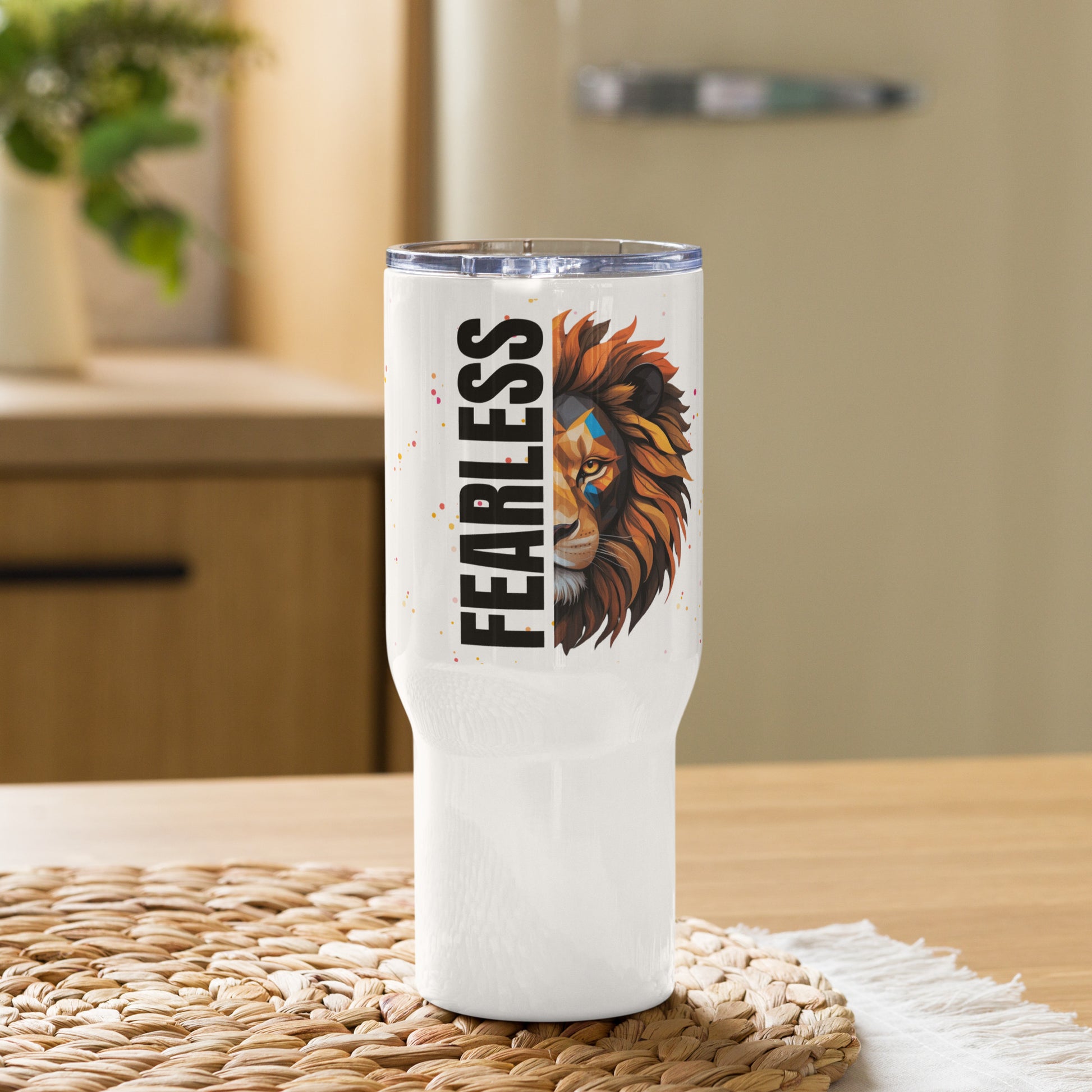 Close-up of 'Fearless' text on Christian travel mug with handle