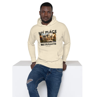 Front view of My Place Unisex Hoodie - Comfortable Christian apparel