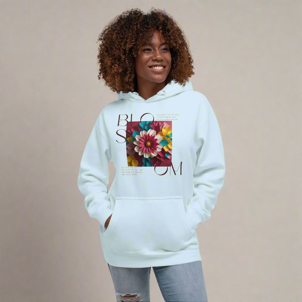 Blossom Unisex Hoodie close-up graphic - symbolic blossom of faith and growth