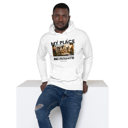 Close-up of 'My Place' text on Christian unisex hoodie for men and women