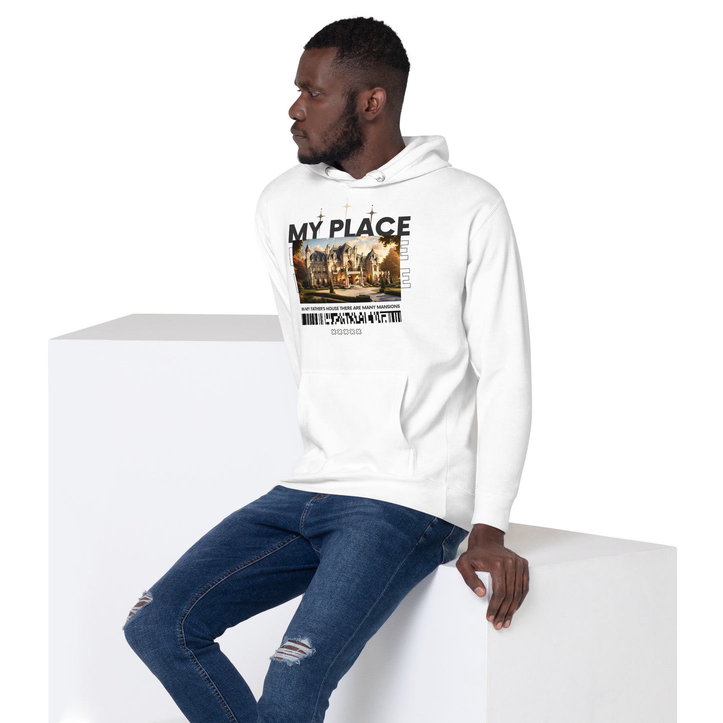 Close-up of 'My Place' text on Christian unisex hoodie for men and women.