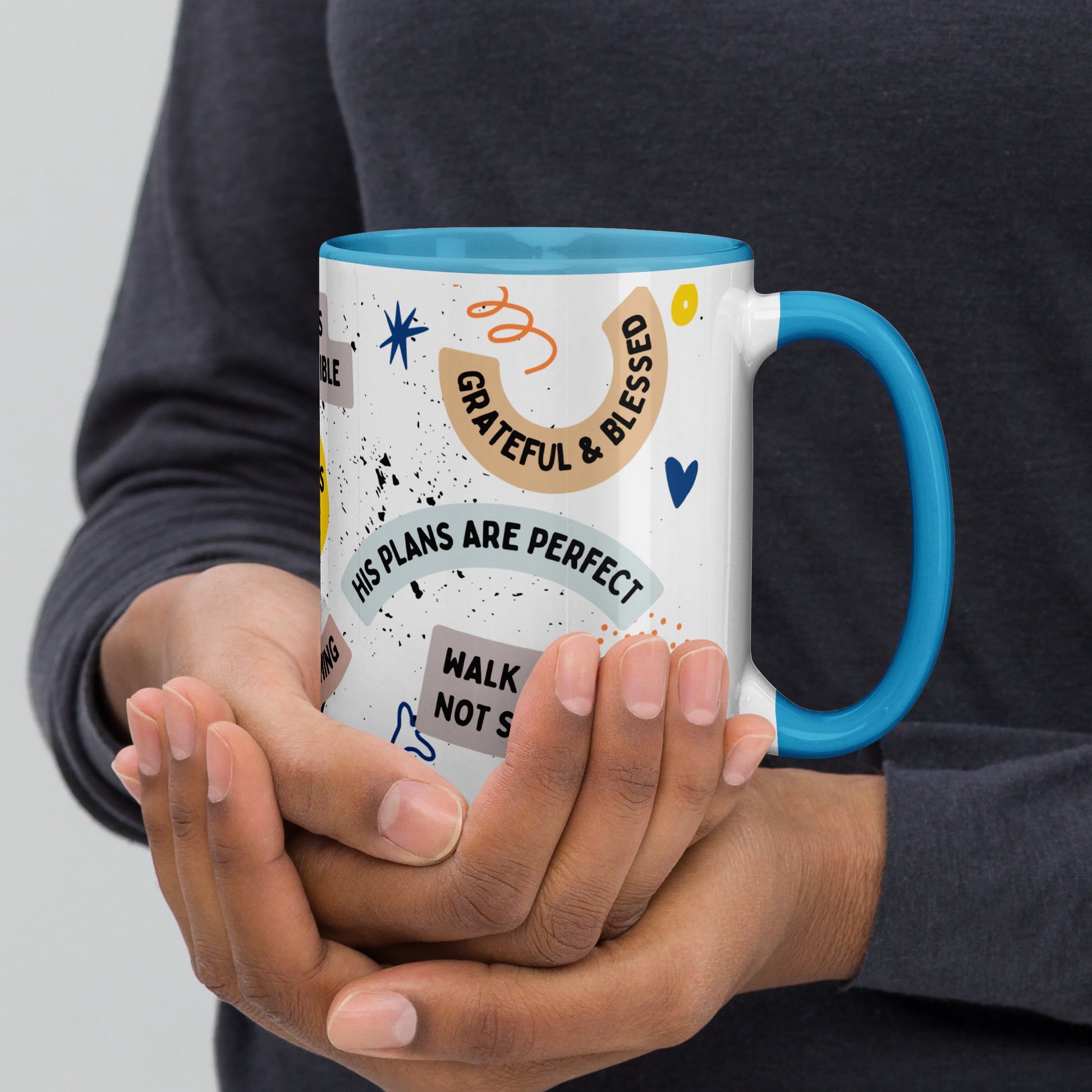 Close-up of faith-based quotes on the Faith-Filled Mug, including 'Saved by grace' and 'Kingdom mindset