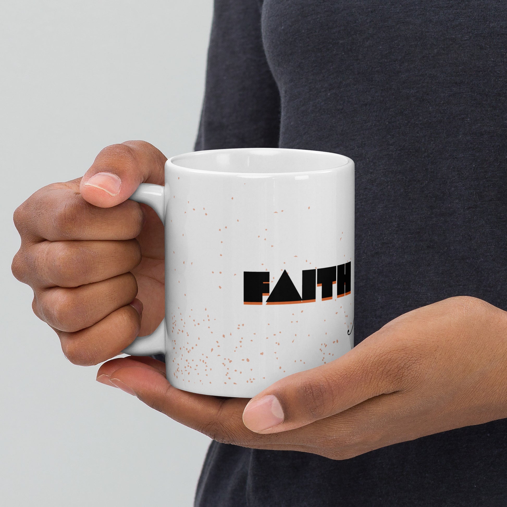 Faith + Works White Glossy Mug - Front view with bold Christian message