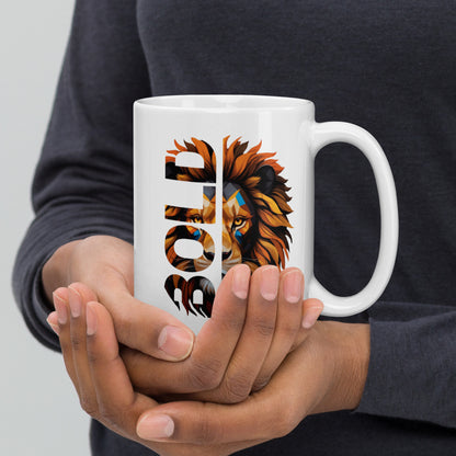 Unique Bold Inspirational White Glossy Mug - Front view with empowering design