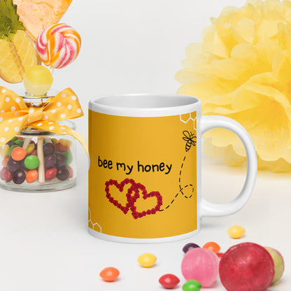 Bee My Honey Glossy Mug - Front view with bee design and a romantic message for couples